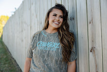 Load image into Gallery viewer, KVS Cowgirl Social Club Turquoise Mossy Oak Tee