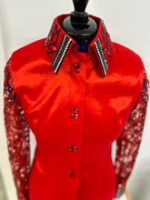Load image into Gallery viewer, *Day Shirt* Lady in Red! Sheer Sleeve with Opal and Black Accents - FINAL SALE