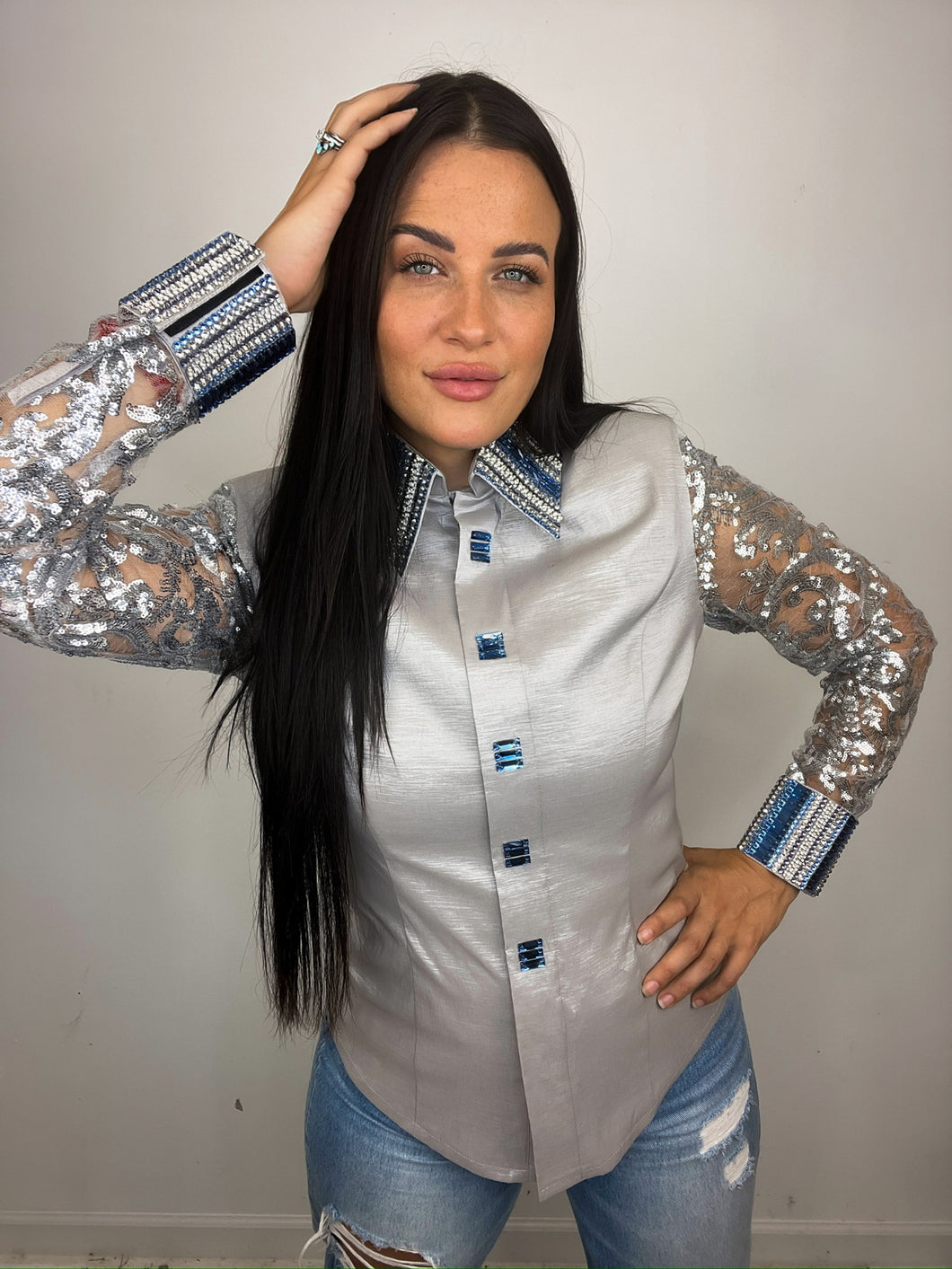*Day Shirt* Platinum Sheer Sleeve with Blue Accents