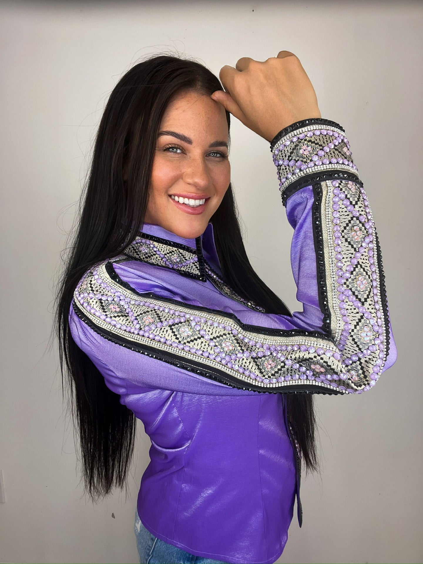 *Day Shirt* Lavender Aztec Full Sleeve with Black Rhinestone Detail