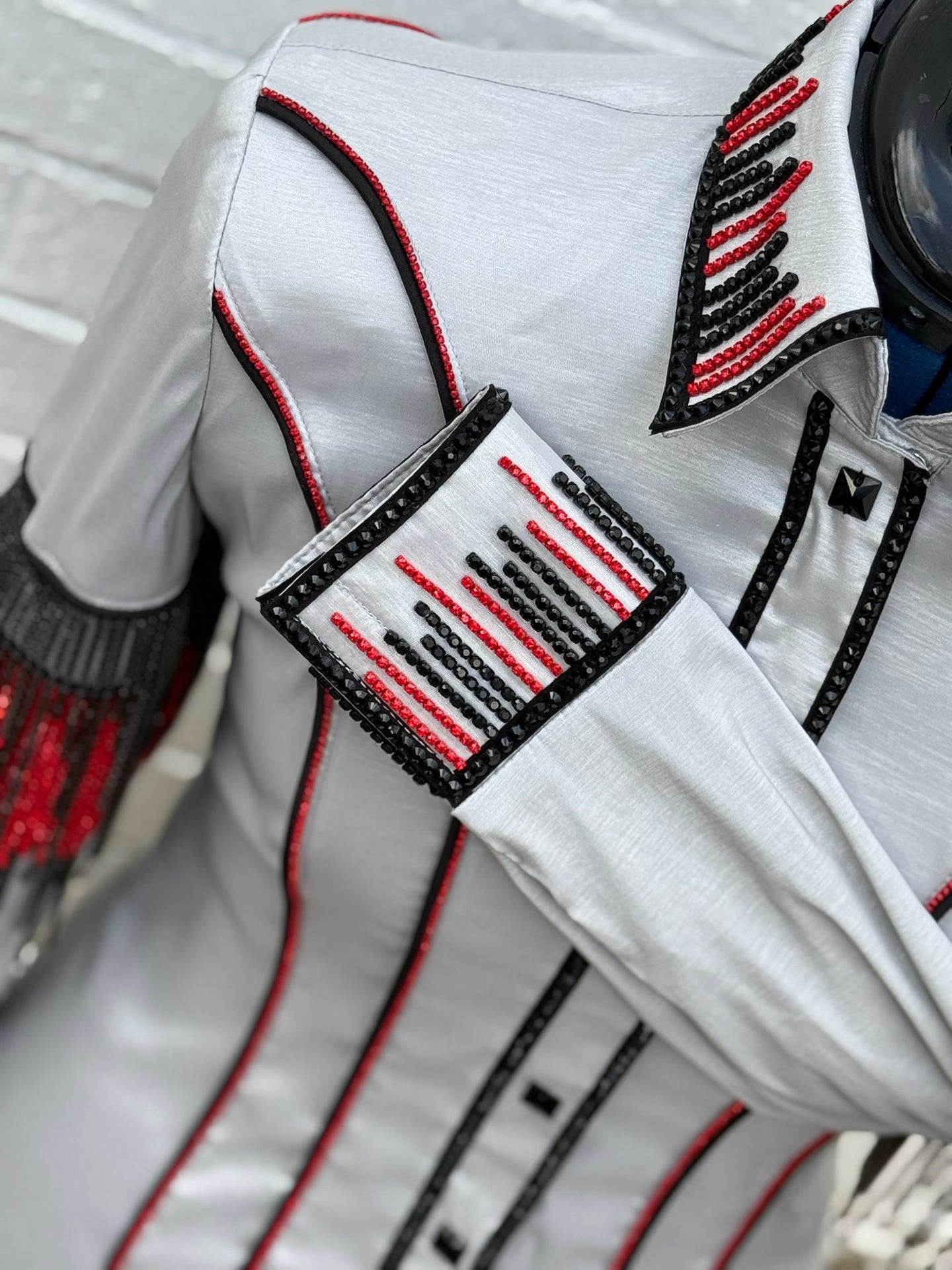 *Pewter base Day Shirt with gunmetal and red chain fringe