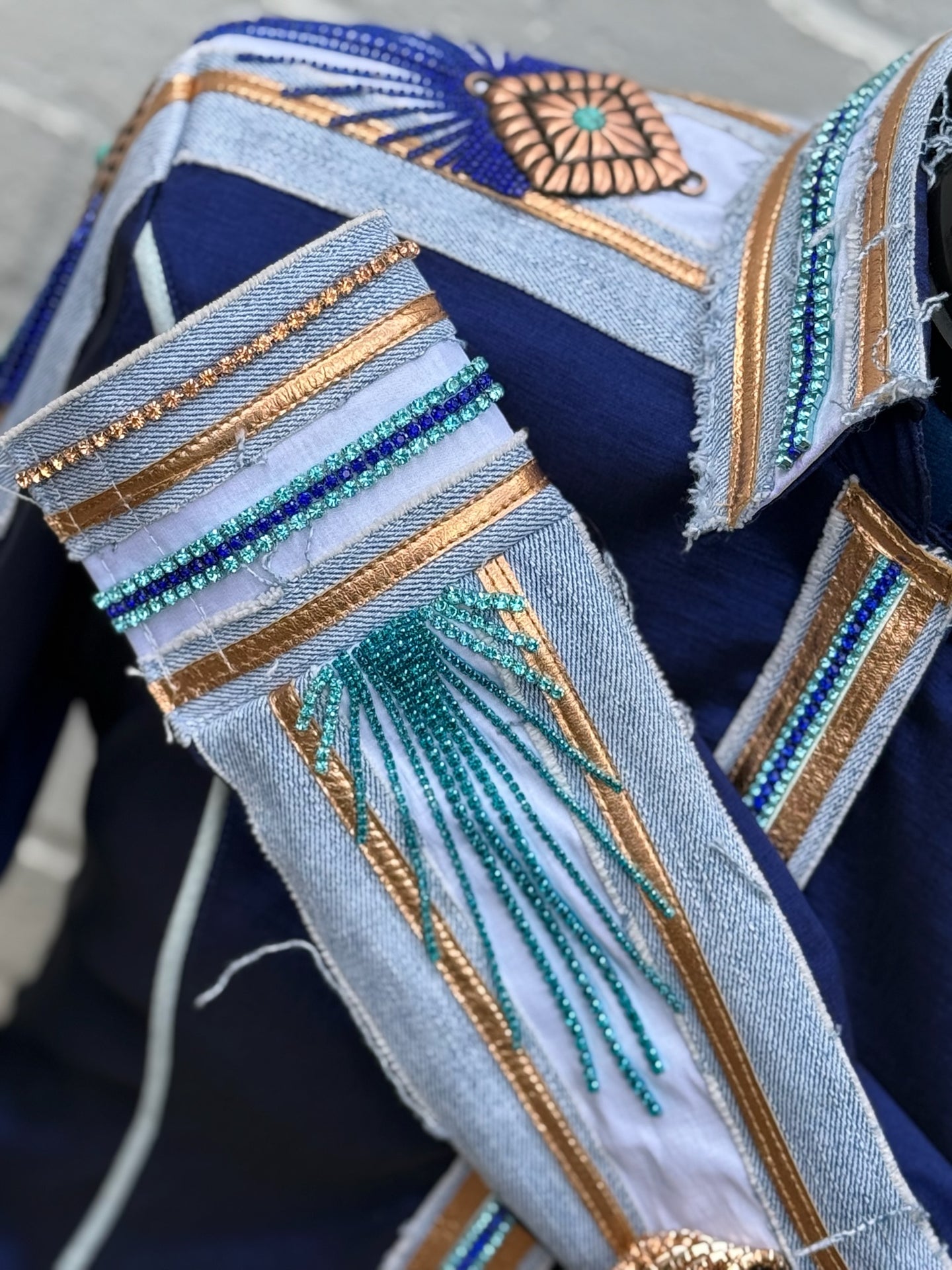 *Midnight blue base Day Shirt with denim, rose gold, and turquoise chain fringe accents