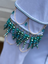 Load image into Gallery viewer, *White base Day Shirt with custom-beaded, turquoise fringe
