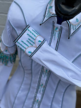 Load image into Gallery viewer, *White base Day Shirt with custom-beaded, turquoise fringe
