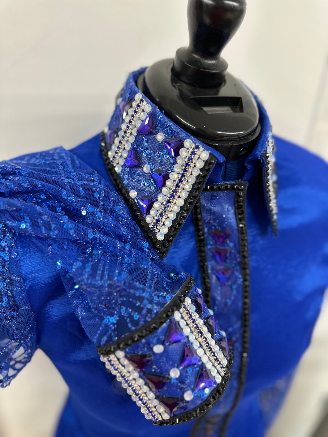 *Day Shirt* Cobalt Base Sheer Sleeve with Coordinating Rhinestone Accents
