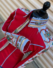 Load image into Gallery viewer, *Day Shirt* Red Base with Denim, added turquoise Aztec accents
