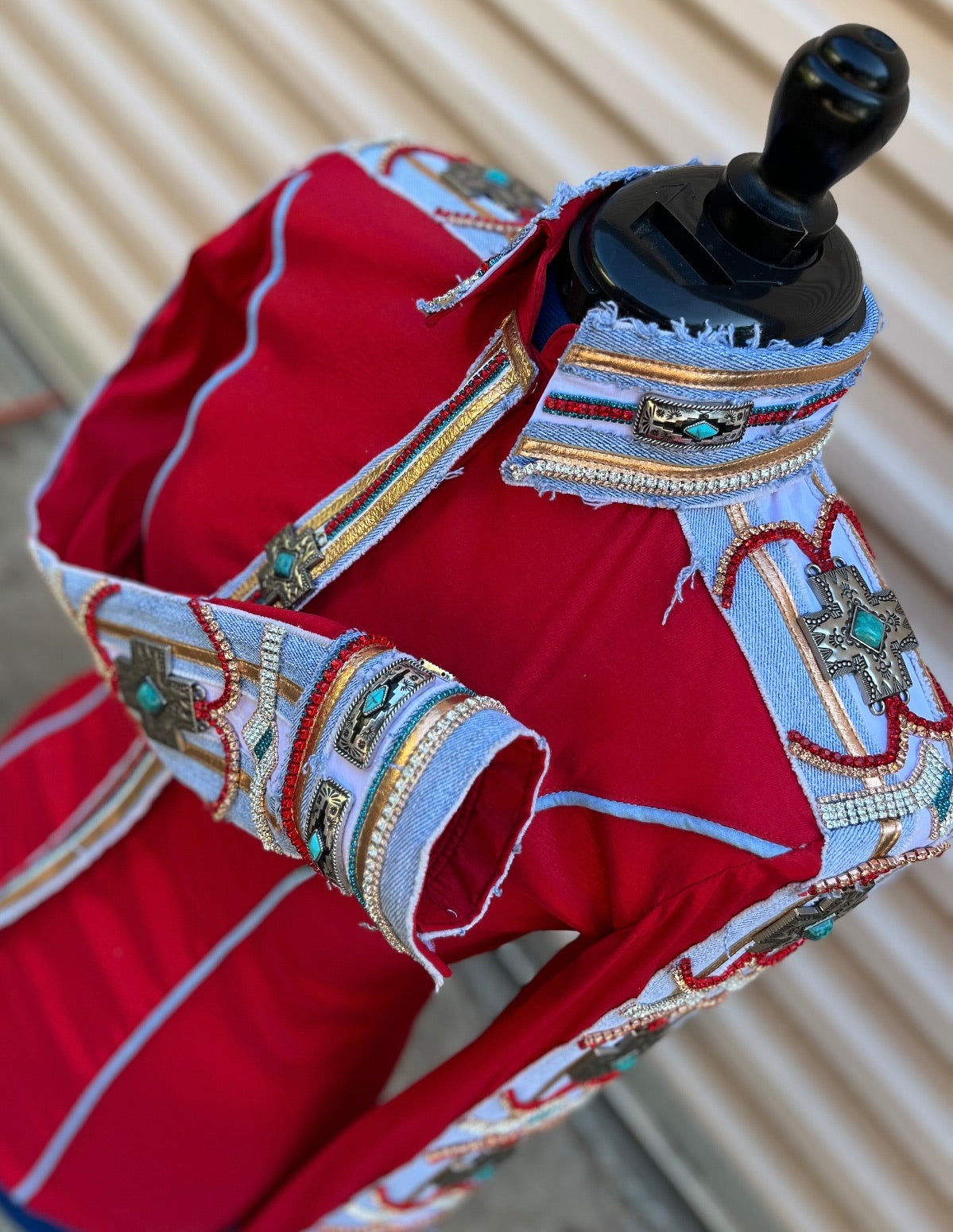 *Day Shirt* Red Base with Denim, added turquoise Aztec accents